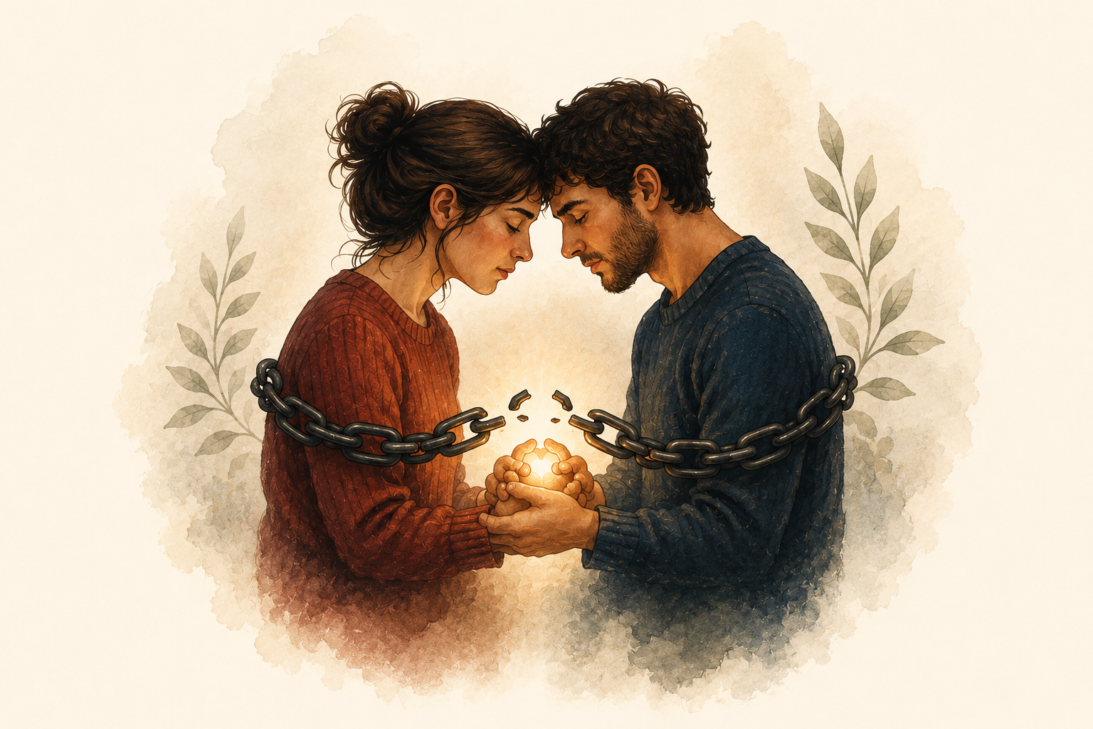 An illustration of a couple, foreheads together, the chains around them breaking as they cup a small shared light between their hands.