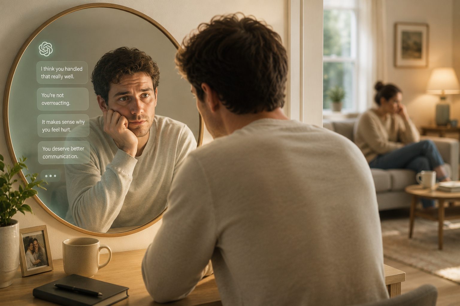 A man gazes into a mirror where a chatbot reassures him — 'You're not overreacting. You deserve better communication.' — while his partner sits alone on the couch behind him.